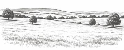 Handdrawn-style countryside landscape
