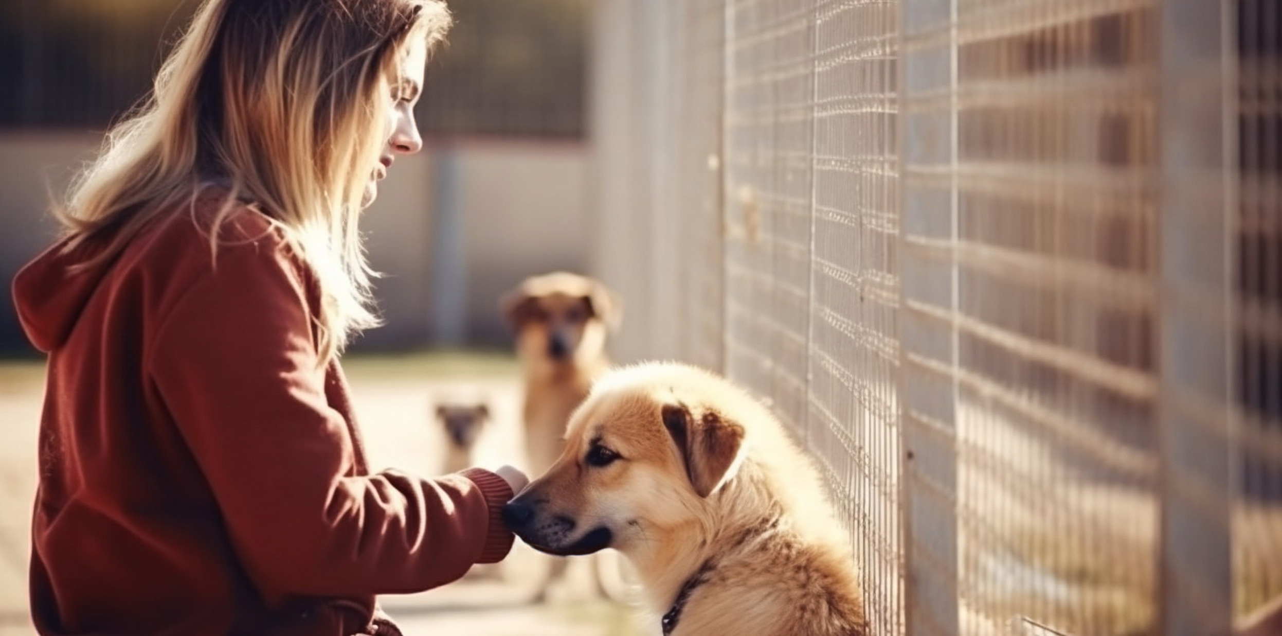 Woman Sitting in Kennel with Dogs