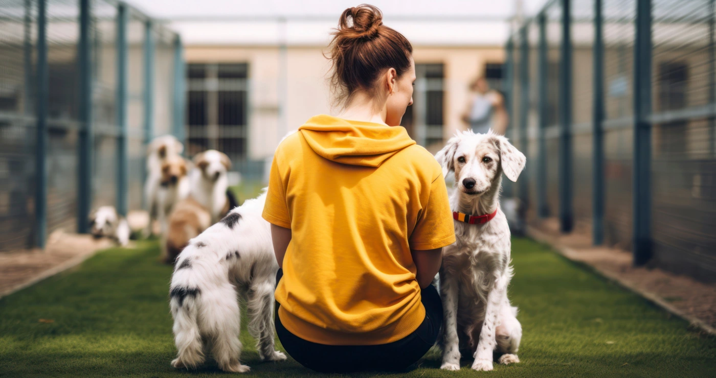 Woman Sitting in Kennels with Dogs